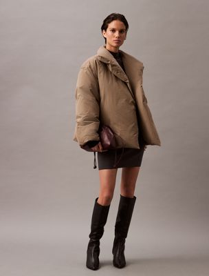 brown short puffer jacket for women calvin klein