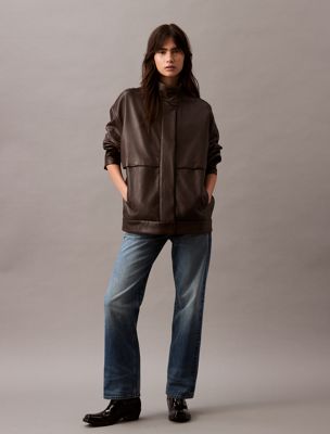 brown leather bomber jacket for women calvin klein