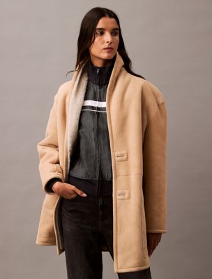 light beige reversible shearling coat for women calvin klein