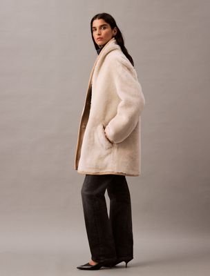 light beige reversible shearling coat for women calvin klein