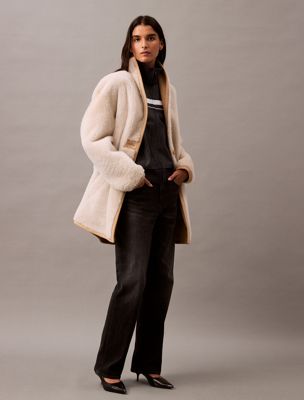 light beige reversible shearling coat for women calvin klein