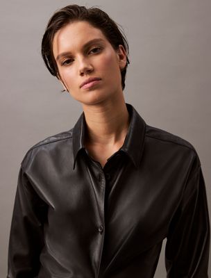 black beauty lamb leather button-down shirt for women calvin klein