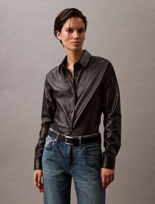 black lamb leather button-down shirt for women calvin klein