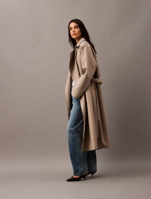 overcast long wool twill blend trench coat for women calvin klein