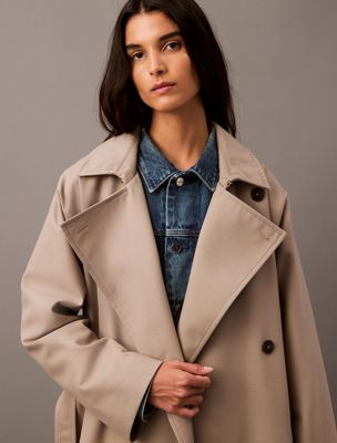 overcast long wool twill blend trench coat for women calvin klein