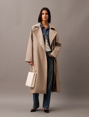 beige long wool twill blend trench coat for women calvin klein