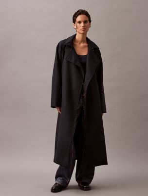 blue long wool twill blend trench coat for women calvin klein