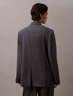 dark slate gray double-breasted wool gabardine blend blazer for women calvin klein