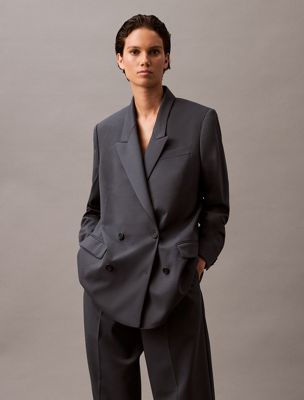 blue double-breasted wool gabardine blend blazer for women calvin klein