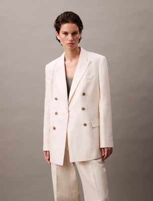 tofu linen blend double breasted blazer for women calvin klein