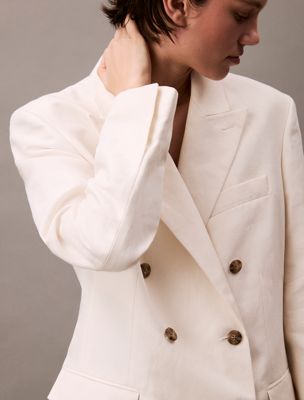 tofu linen blend double breasted blazer for women calvin klein