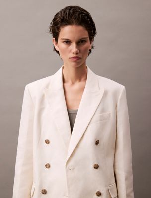 tofu linen blend double breasted blazer for women calvin klein