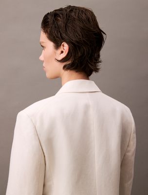 tofu linen blend double breasted blazer for women calvin klein