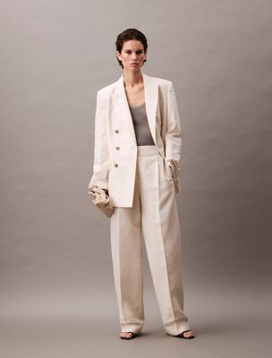 white linen blend double breasted blazer for women calvin klein