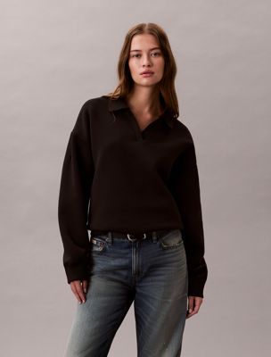 black smooth stretch relaxed polo sweatshirt for women calvin klein