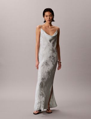 blue satin jacquard maxi slip dress for women calvin klein