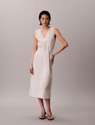 beige linen blend sleeveless midi dress for women calvin klein