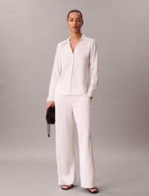 white hammered satin fitted shirt for women calvin klein