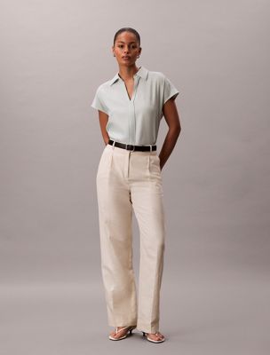 blue linen blend short sleeve shirt for women calvin klein