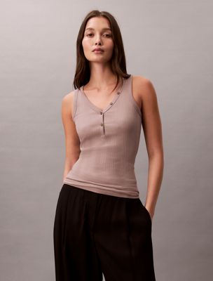 purple ribbed cotton henley tank top for women calvin klein
