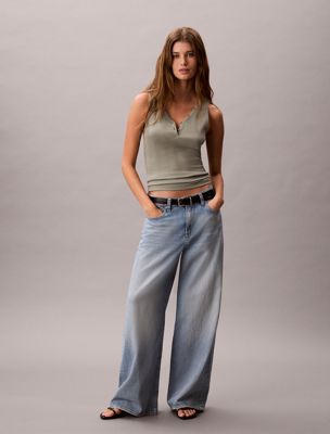 grey ribbed cotton henley tank top for women calvin klein