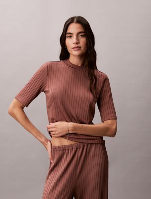 purple shiny ribbed mock neck top for women calvin klein