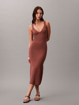brown slim stretch ribbed tank dress for women calvin klein