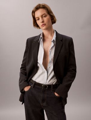 grey fine wool belted blazer for women calvin klein