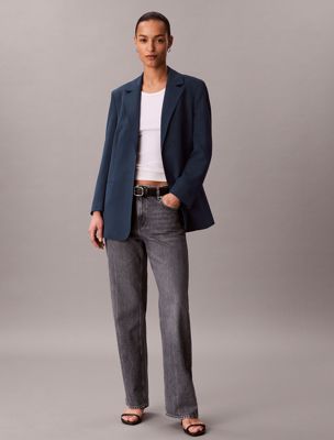 blue casual twill belted blazer for women calvin klein