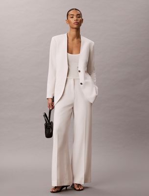 blazer de mezcla de lino y lyocell white de mujeres calvin klein