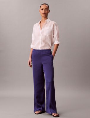 blue hammered satin textured trousers for women calvin klein