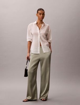 grey hammered satin textured trousers for women calvin klein