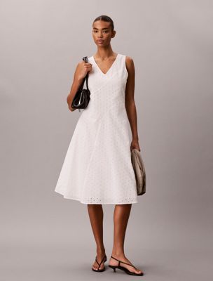 white broderie anglaise v-neck dress for women calvin klein