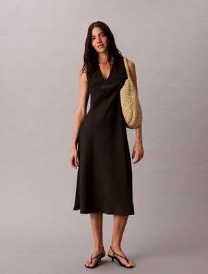 robe mi-longue en satin de crêpe à col en v black pour femmes calvin klein