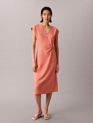orange textured soft v-neck twist midi dress for women calvin klein
