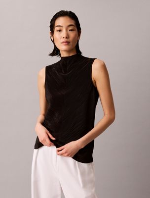 black plissé mock neck sleeveless top for women calvin klein