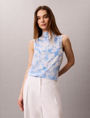 blue printed plisse mock neck sleeveless top for women calvin klein