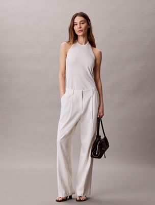 white linen blend wide leg trousers for women calvin klein