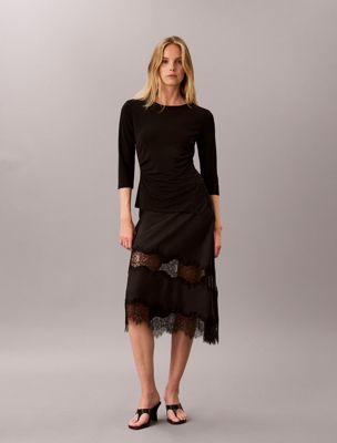 black crepe jersey and lace asymmetric top for women calvin klein