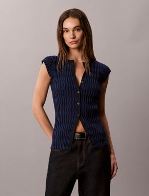 blue tech knit checkered rib cardigan for women calvin klein