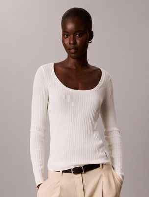 white slim merino wool ribbed jumper for women calvin klein