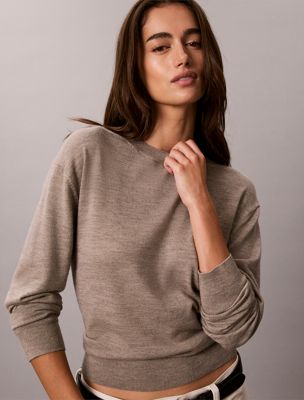 grey merino wool blend crew neck jumper for women calvin klein