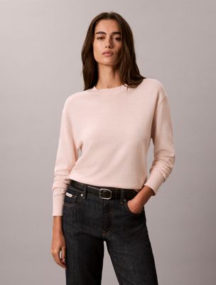beige merino wool blend crew neck jumper for women calvin klein