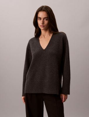 grey sweter z wełny z dekoltem w serek dla kobiety - calvin klein