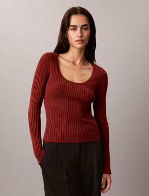 burgundy wąski błyszczący sweter o ściągaczowym splocie dla kobiety - calvin klein