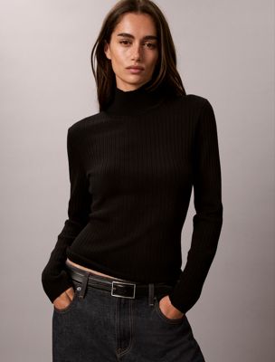 black merino wool ribbed turtleneck jumper for women calvin klein
