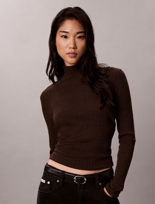 brown merino wool ribbed turtleneck jumper for women calvin klein