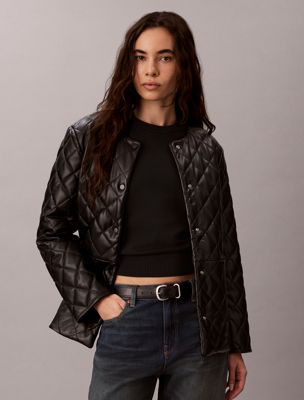 black quilted faux leather liner jacket for women calvin klein