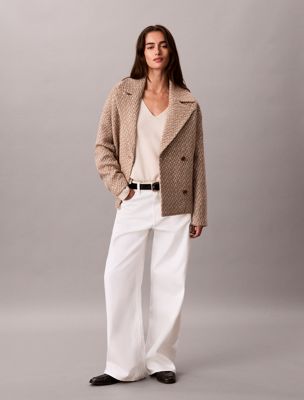 brown wool blend tweed short pea coat for women calvin klein