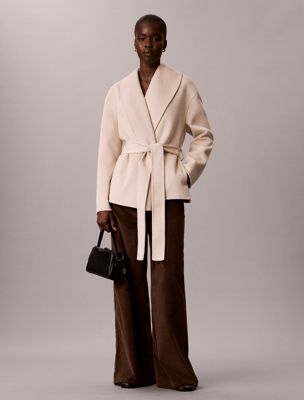 beige wool blend shawl collar wrap coat for women calvin klein